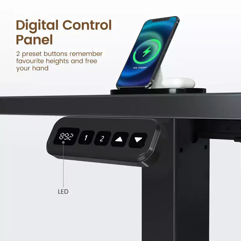 Scrivania a L per computer regolabile in altezza con luci LED e porte di ricarica, ergonomica a doppio uso