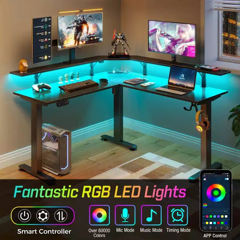 Scrivania a L per computer regolabile in altezza con luci LED e porte di ricarica, ergonomica a doppio uso