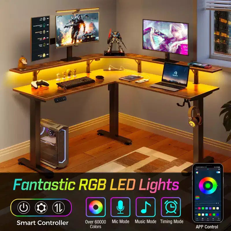 Scrivania a L per computer regolabile in altezza con luci LED e porte di ricarica, ergonomica a doppio uso