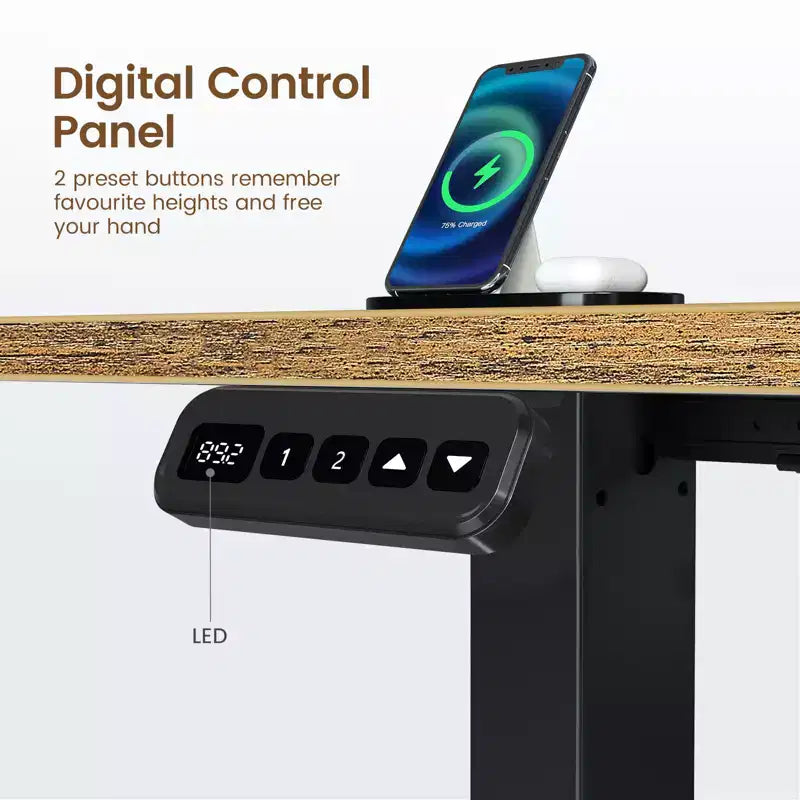 Scrivania a L per computer regolabile in altezza con luci LED e porte di ricarica, ergonomica a doppio uso