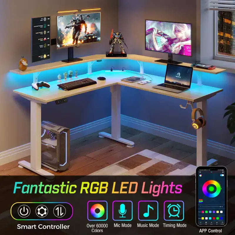 Scrivania a L per computer regolabile in altezza con luci LED e porte di ricarica, ergonomica a doppio uso