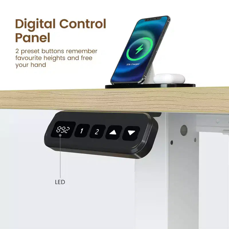 Scrivania a L per computer regolabile in altezza con luci LED e porte di ricarica, ergonomica a doppio uso