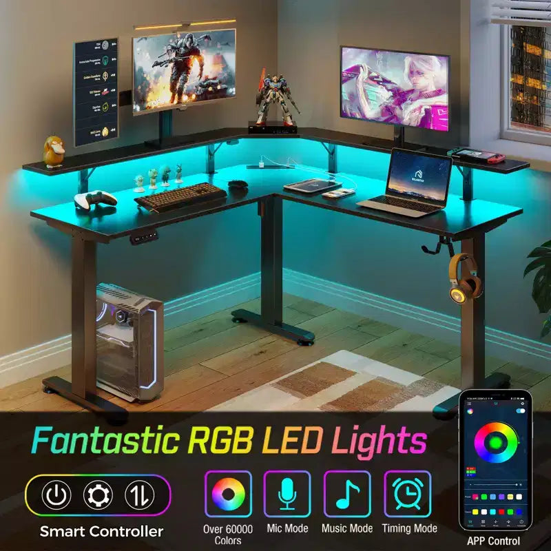 Scrivania a L per computer regolabile in altezza con luci LED e porte di ricarica, ergonomica a doppio uso