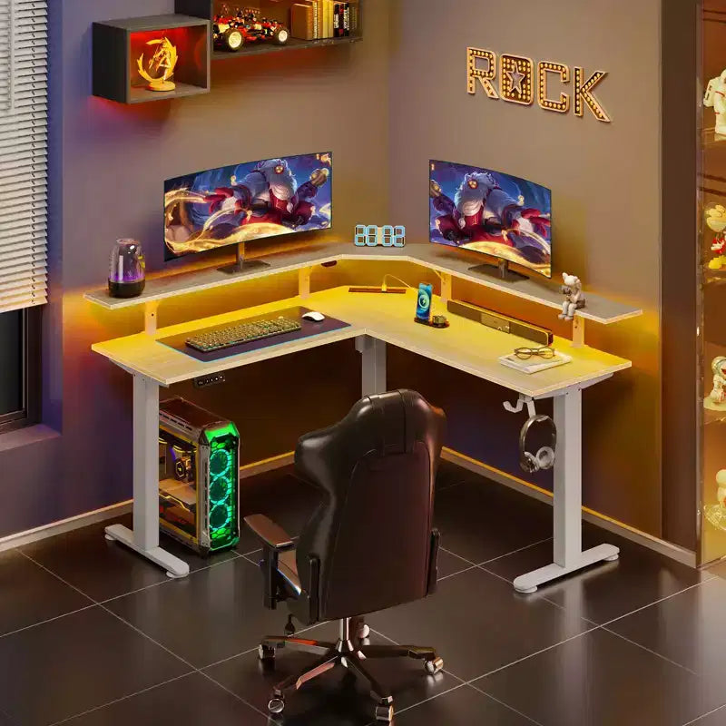 Greenstell Height-Adjustable L-Shaped Computer Desk with Ambient LED Lights & Charging Ports - Ergonomic Dual-Use Desk