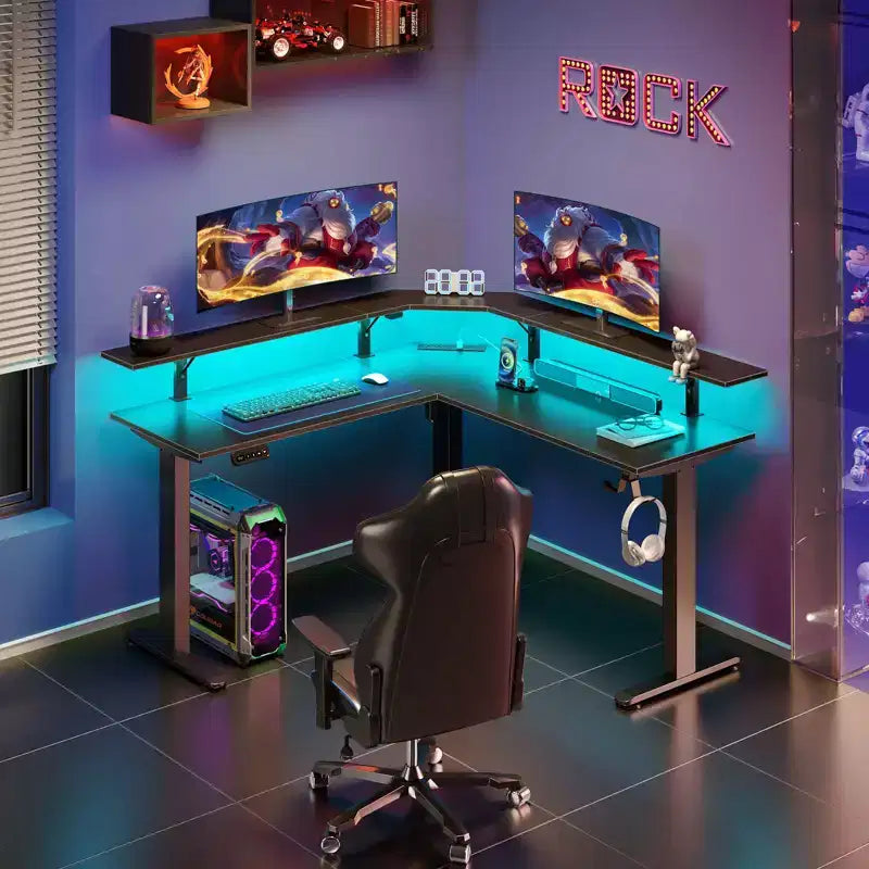 Scrivania a L per computer regolabile in altezza con luci LED e porte di ricarica, ergonomica a doppio uso