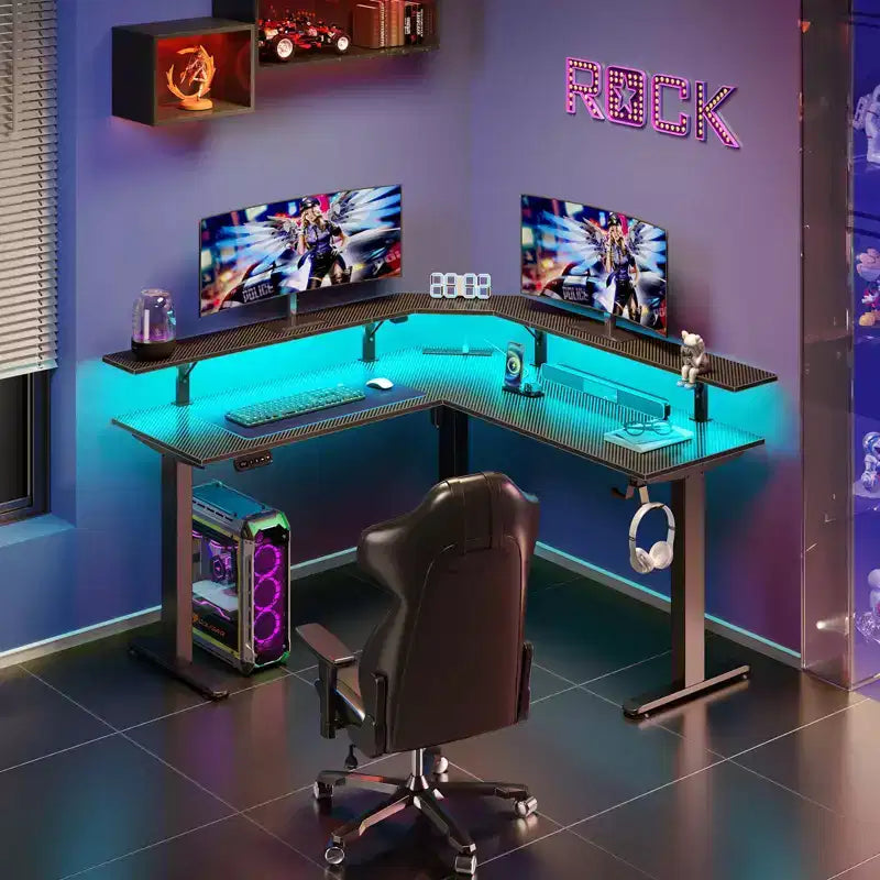 Scrivania a L per computer regolabile in altezza con luci LED e porte di ricarica, ergonomica a doppio uso