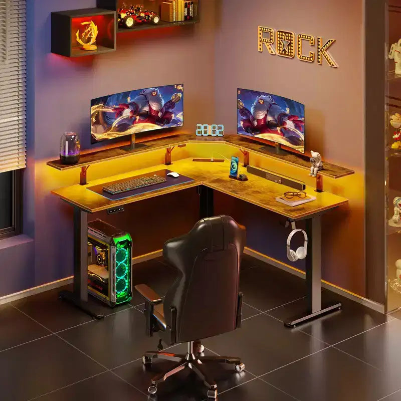 Scrivania a L per computer regolabile in altezza con luci LED e porte di ricarica, ergonomica a doppio uso
