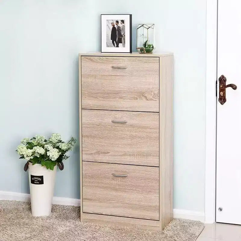 Armadietto portascarpe in legno a 3 cassetti, organizer da ingresso alto 120 cm con ripiani a 2 livelli, marrone