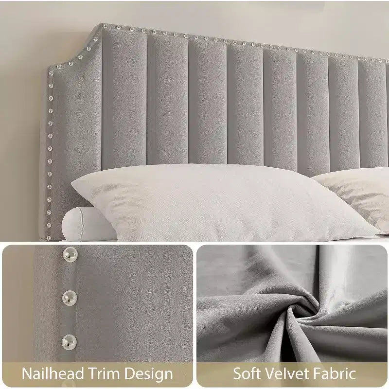 Letto a piattaforma Queen Size con testiera da 127,5 cm, letto Queen con testiera e pediera imbottite in velluto, finiture borchiate, grigio