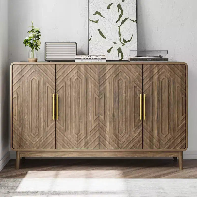 Mid-Century Modern Sideboard Buffet, 4-Door Engineered Wood Credenza with Carved Geometric Pattern & Gold Handles - Panipeachy