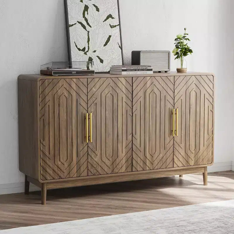 Credenza Buffet Modernariato 4 Ante, Motivo Geometrico Intagliato e Maniglie Dorate