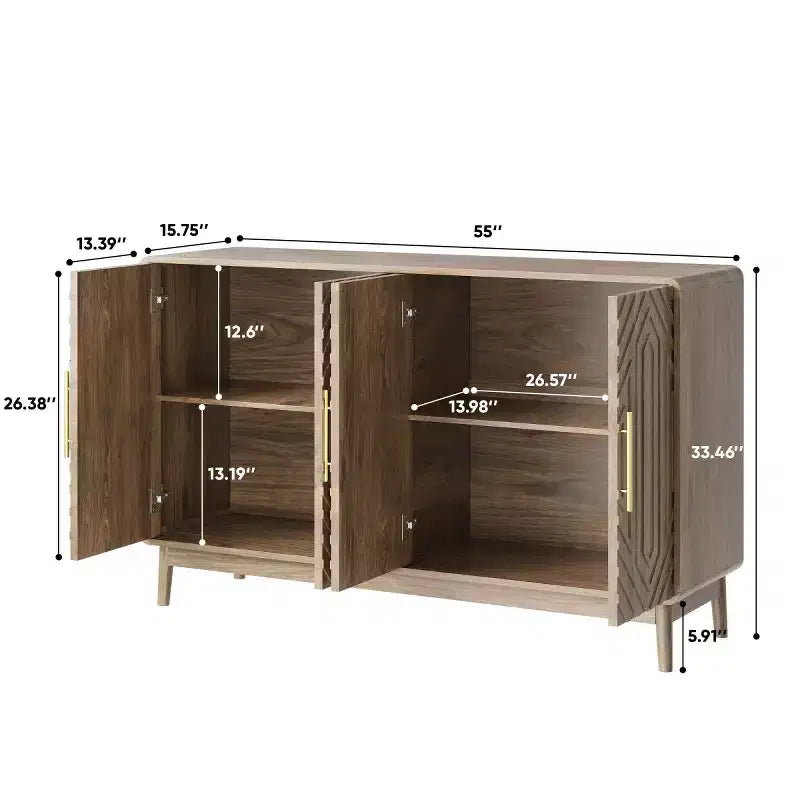 Credenza Buffet Modernariato 4 Ante, Motivo Geometrico Intagliato e Maniglie Dorate