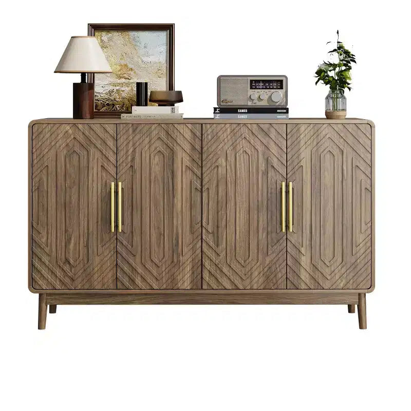 Credenza Buffet Modernariato 4 Ante, Motivo Geometrico Intagliato e Maniglie Dorate