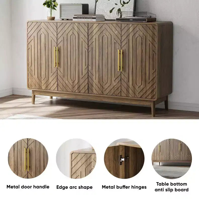Credenza Buffet Modernariato 4 Ante, Motivo Geometrico Intagliato e Maniglie Dorate