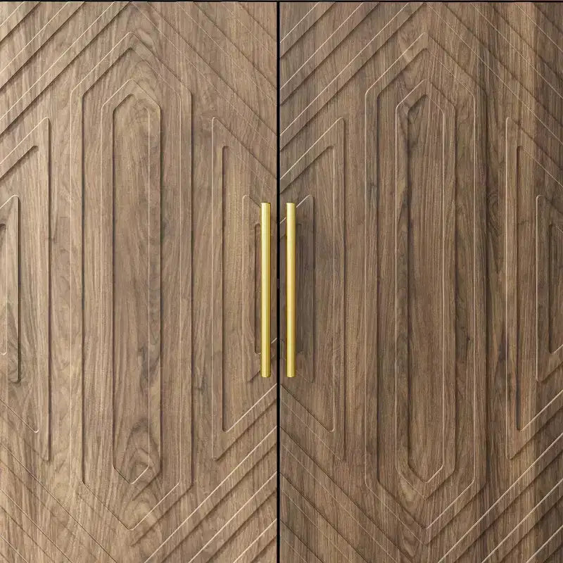Credenza Buffet Modernariato 4 Ante, Motivo Geometrico Intagliato e Maniglie Dorate