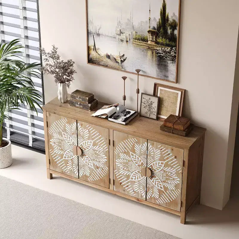 Madia/credenza Boho Marrone da 152 cm con 4 ante e motivo floreale Mandala bianco