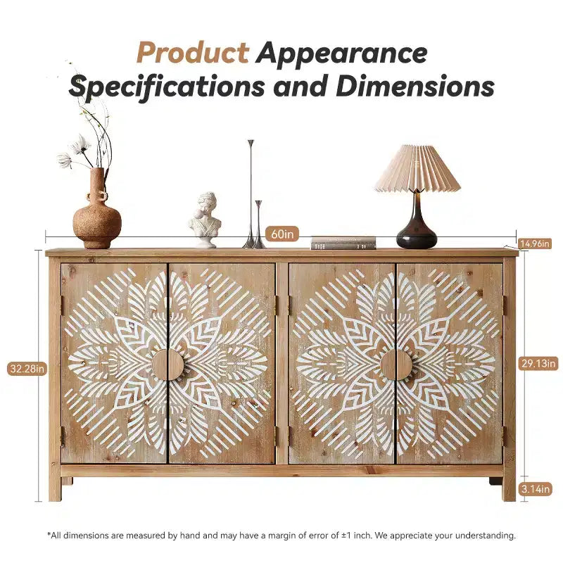Madia/credenza Boho Marrone da 152 cm con 4 ante e motivo floreale Mandala bianco