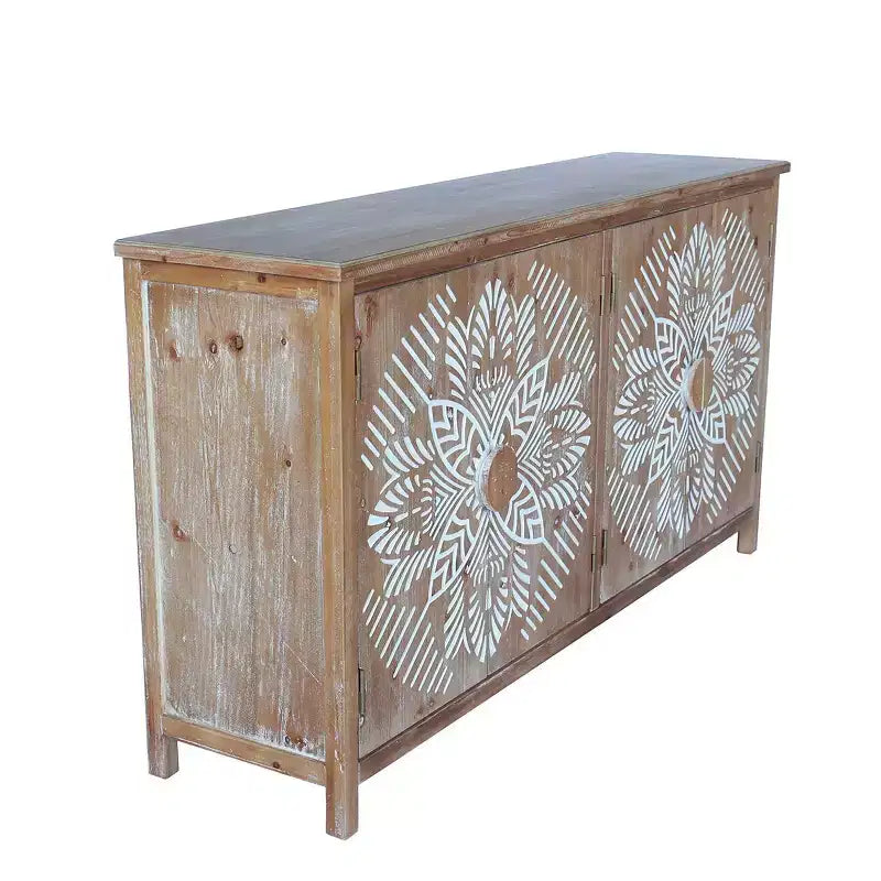 Madia/credenza Boho Marrone da 152 cm con 4 ante e motivo floreale Mandala bianco