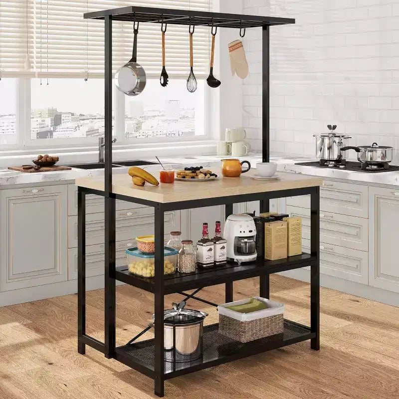 47in Baker Rack with Power Outlet, Wood Finish Kitchen Island with Storage, Microwave Stand for Kitchen, Dining, and Living Room