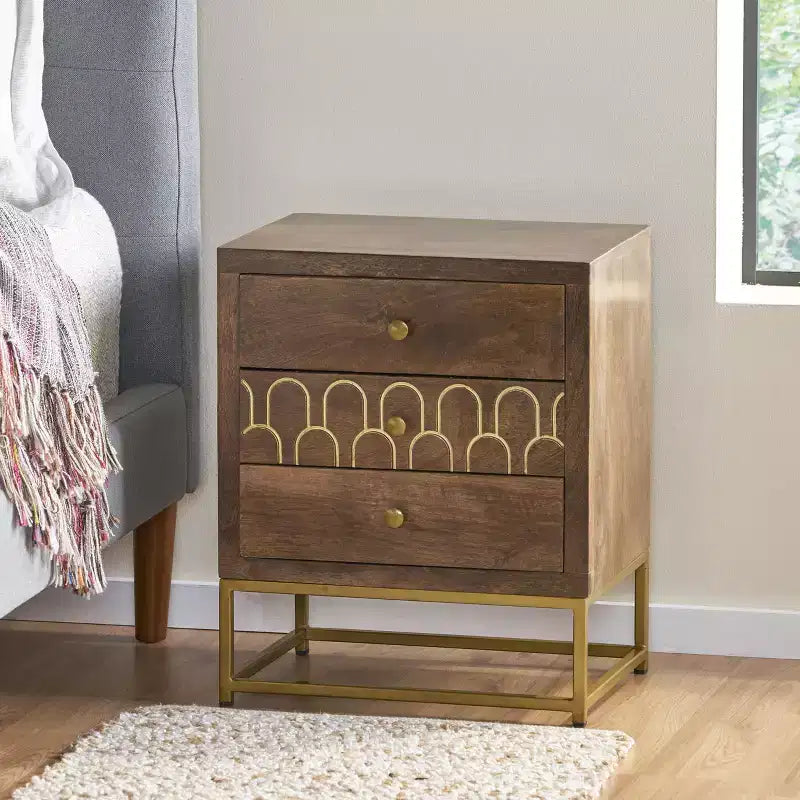 Comodino con 3 cassetti, in legno di mango - ModernLuxe