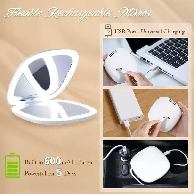 Specchio Trucco da Viaggio a LED con Ingrandimento 1X 10X, Specchio da 5 Pollici Illuminato a LED con Luce Diurna, Design Pieghevole Compatto Portatile