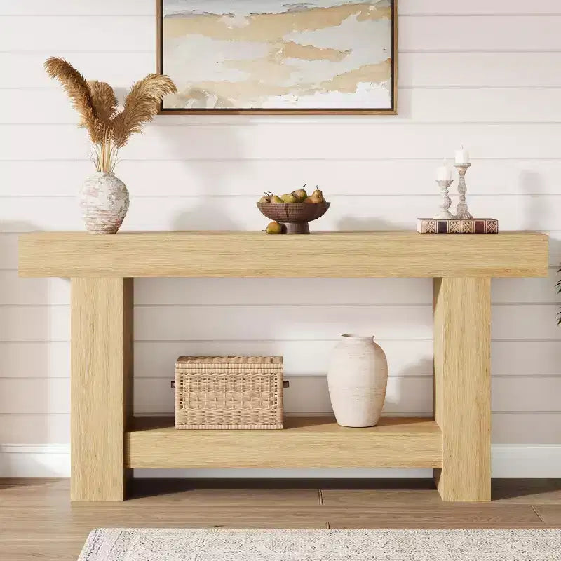 Consolle da ingresso rustica, tavolo da ingresso a 2 ripiani con base a forma di H, tavolo da ingresso stretto, lungo tavolo da divano, tavolino d'accento in legno per il soggiorno
