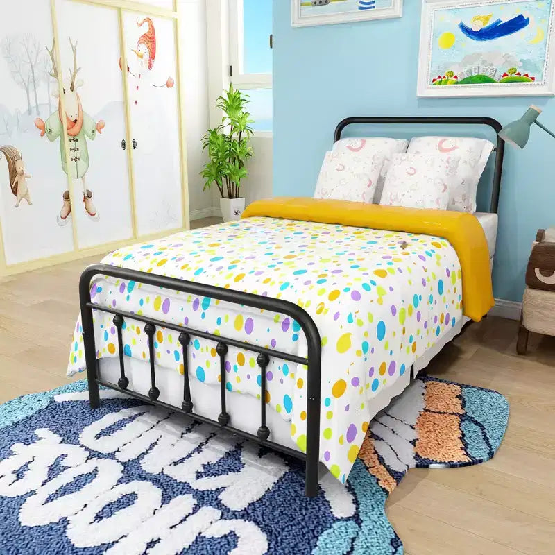 Struttura letto a piattaforma in metallo una piazza con testiera e pediera, contenitore sottostrato, senza base a molle