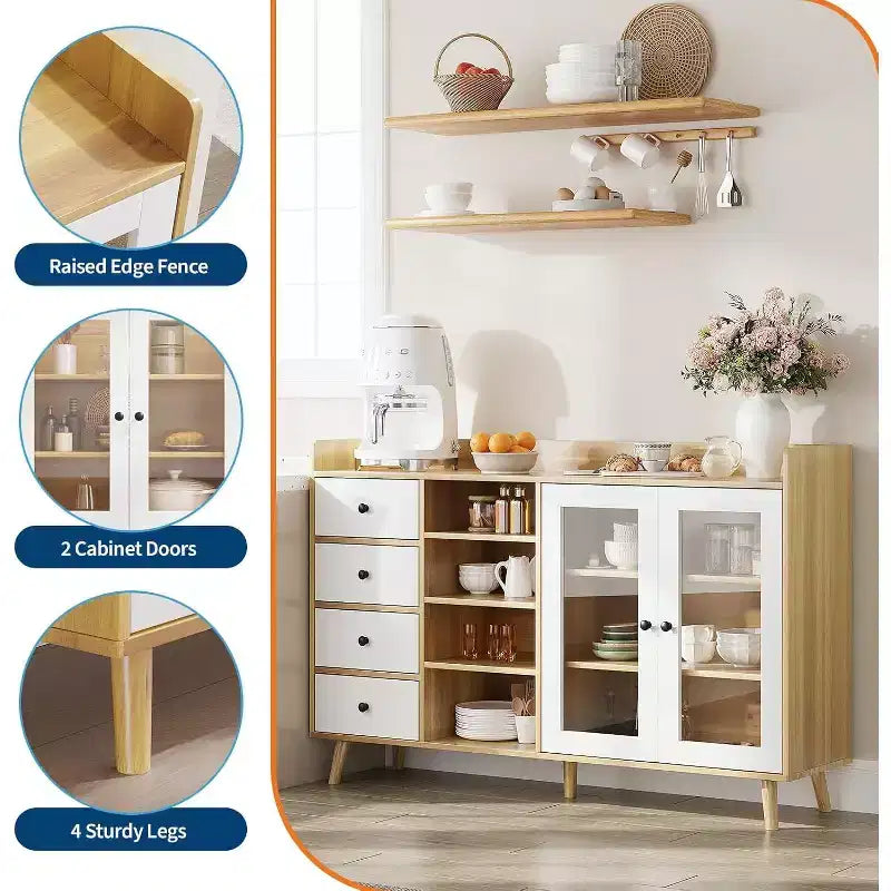 Credenza a buffet moderna di metà secolo con ante in vetro e ripiani regolabili, madia rustica da 55 pollici in stile coloniale per sala da pranzo e cucina