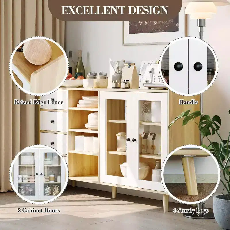 Credenza a buffet moderna di metà secolo con ante in vetro e ripiani regolabili, madia rustica da 55 pollici in stile coloniale per sala da pranzo e cucina