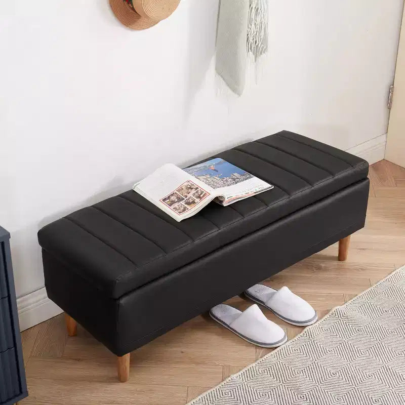 Panca Pouf Contenitore Moderna in Similpelle PU 44", 6.1" di Profondità, Facile da Pulire, Nera