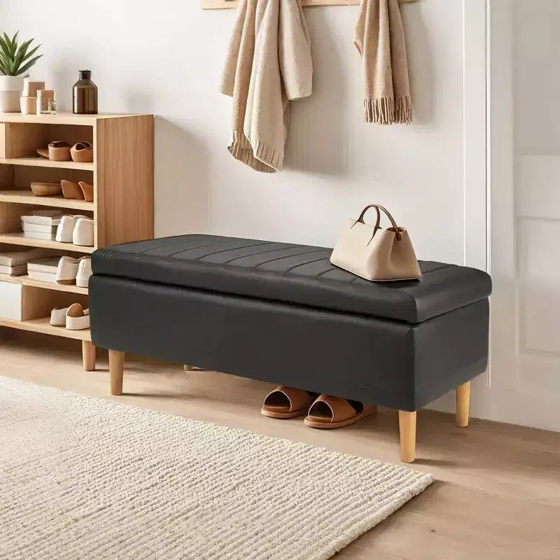 Panca Pouf Contenitore Moderna in Similpelle PU 44", 6.1" di Profondità, Facile da Pulire, Nera