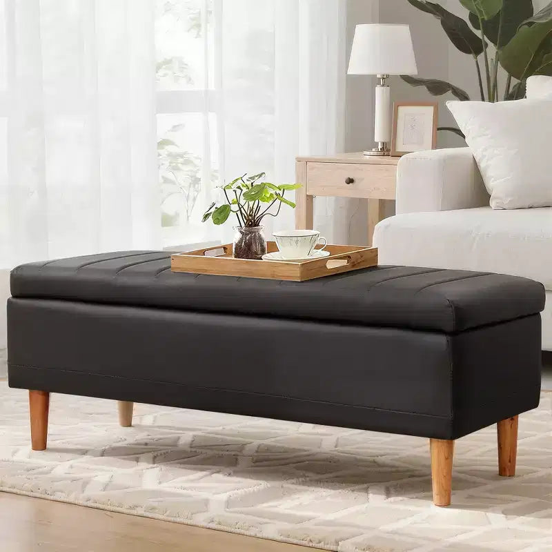 Panca Pouf Contenitore Moderna in Similpelle PU 44", 6.1" di Profondità, Facile da Pulire, Nera