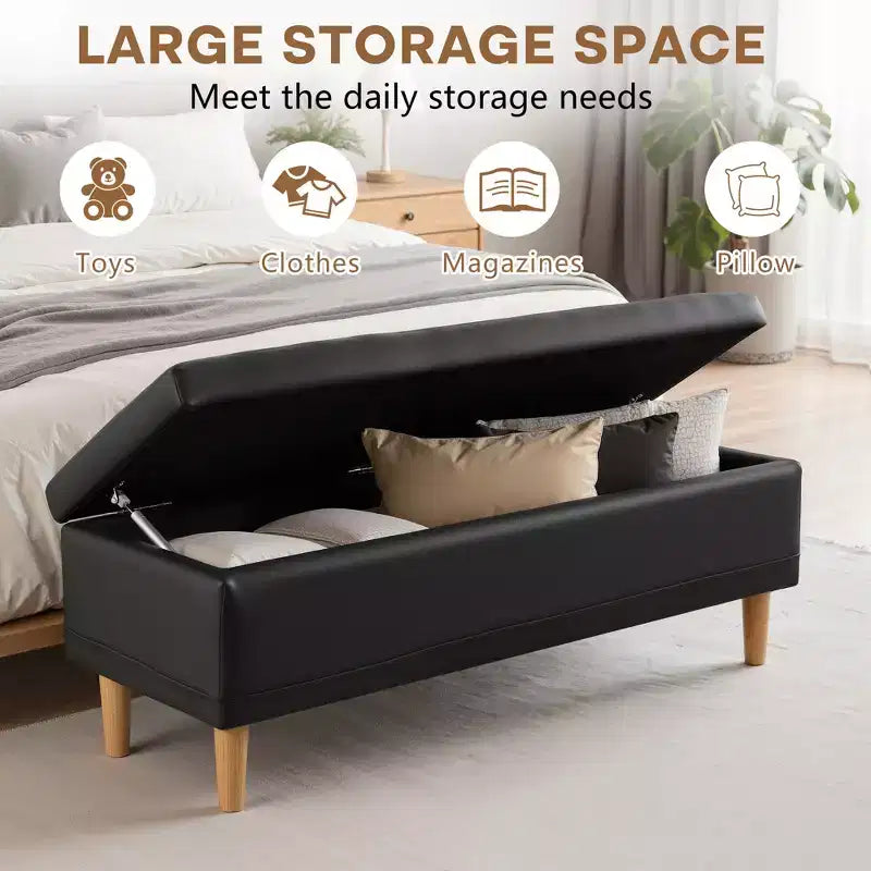 Panca Pouf Contenitore Moderna in Similpelle PU 44", 6.1" di Profondità, Facile da Pulire, Nera