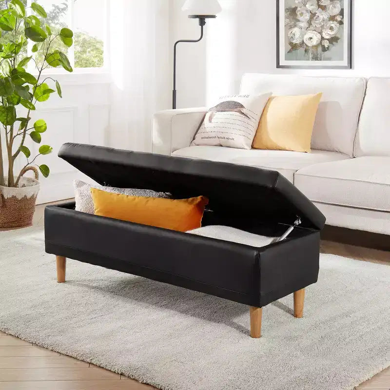 Panca Pouf Contenitore Moderna in Similpelle PU 44", 6.1" di Profondità, Facile da Pulire, Nera