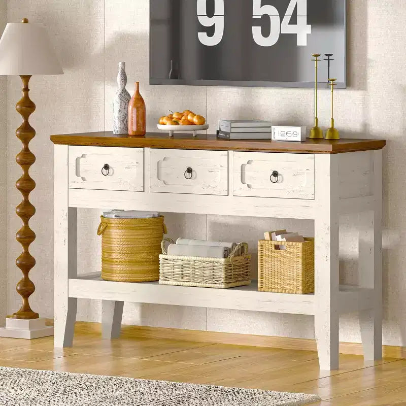 Tavolino consolle lungo 120 cm, tavolo da divano stretto in stile rustico con cassetti e ripiano inferiore per ingresso salotto e foyer, bianco rustico