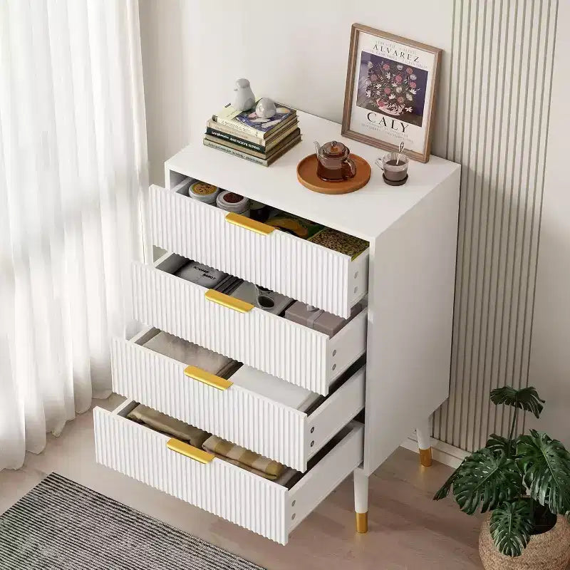 Comò a 4 cassetti per camera da letto, Comò moderno, Cassettiera, Armadietto contenitore, Comodino piccolo a coste per camera da letto