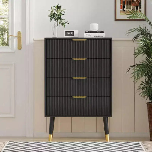 Comò a 4 cassetti per camera da letto, Comò moderno, Cassettiera, Armadietto contenitore, Comodino piccolo a coste per camera da letto