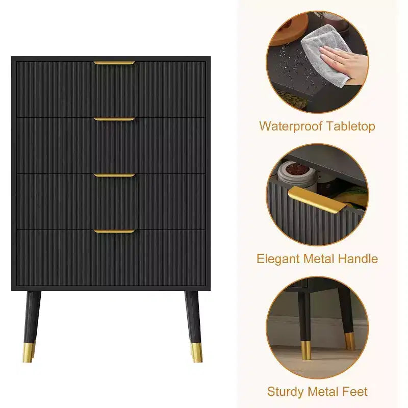 Comò a 4 cassetti per camera da letto, Comò moderno, Cassettiera, Armadietto contenitore, Comodino piccolo a coste per camera da letto
