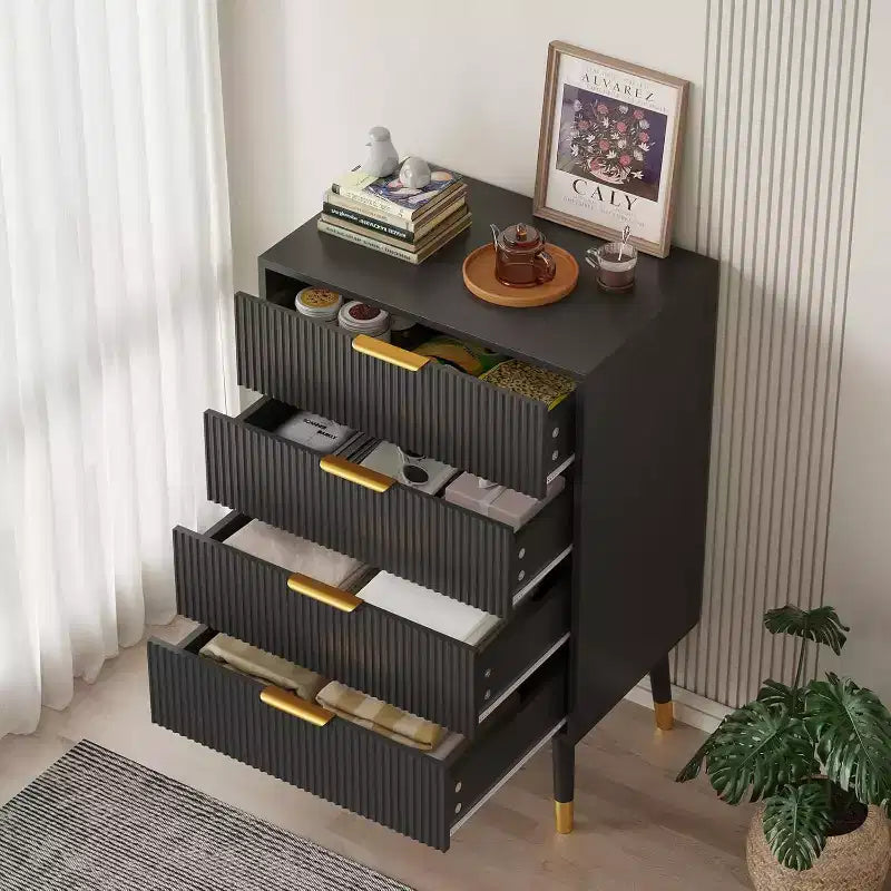 Comò a 4 cassetti per camera da letto, Comò moderno, Cassettiera, Armadietto contenitore, Comodino piccolo a coste per camera da letto