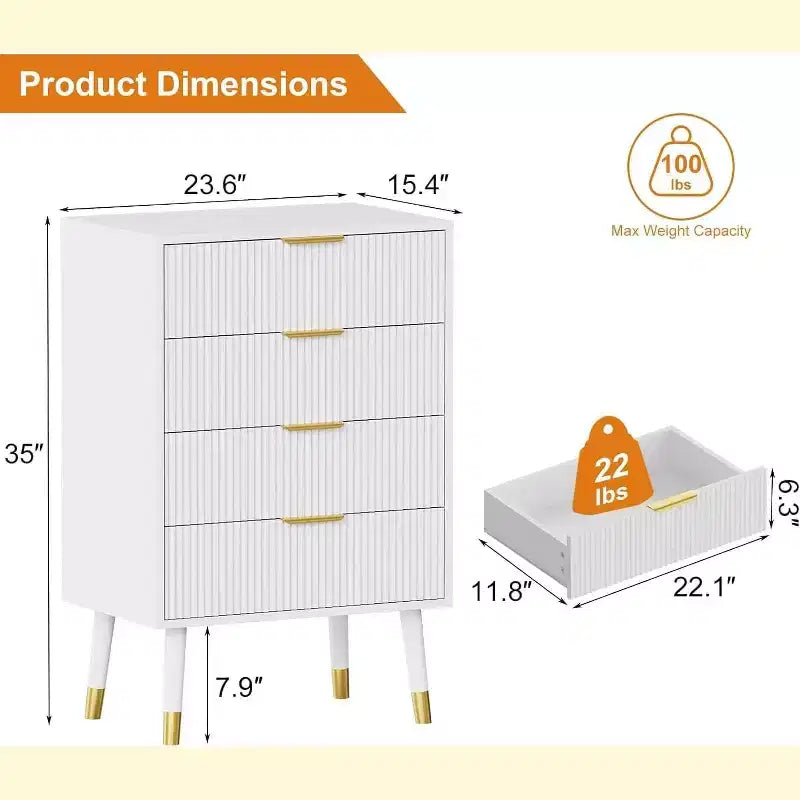 Comò a 4 cassetti per camera da letto, Comò moderno, Cassettiera, Armadietto contenitore, Comodino piccolo a coste per camera da letto