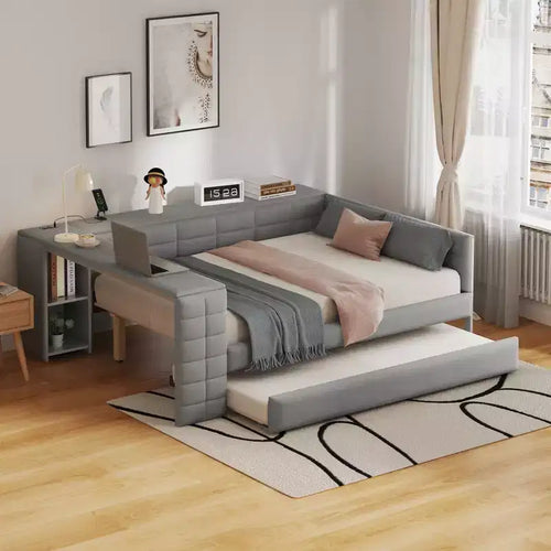 Full Size Platform Bed with Storage Shelves and Desk, Upholstered Sofa Daybed with Trundle and Charging Station