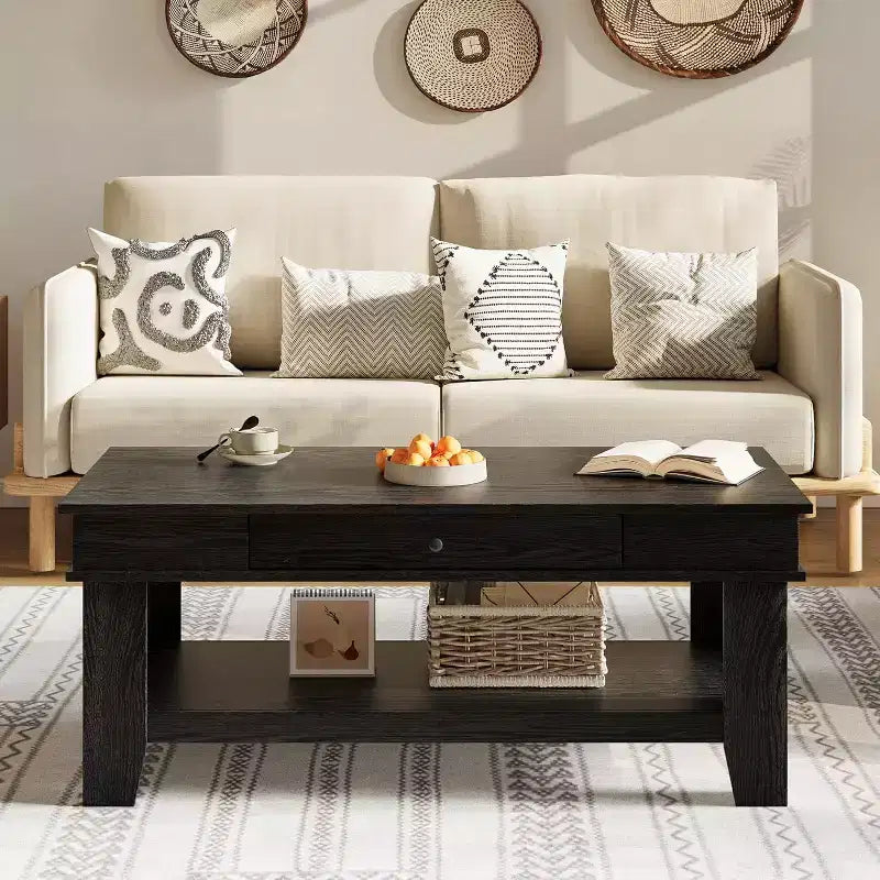 Rectangular Coffee Table with Drawer & Open Shelf, Rustic Finish Center Table with Heavy Duty Storage for Living Room