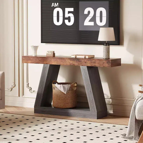 2-Tier Sofa Table with Open Storage Shelves, 55 Inch Farmhouse Narrow Console Table, Industrial Wooden Entryway Table Sofa Table Behind the Couch