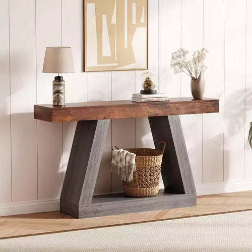 Tavolino da Divano a 2 Livelli con Ripiani Aperti, Tavolino Console Stretto in Stile Rustico da 140 cm, Tavolino Industriale in Legno per Ingresso, Tavolino Dietro il Divano