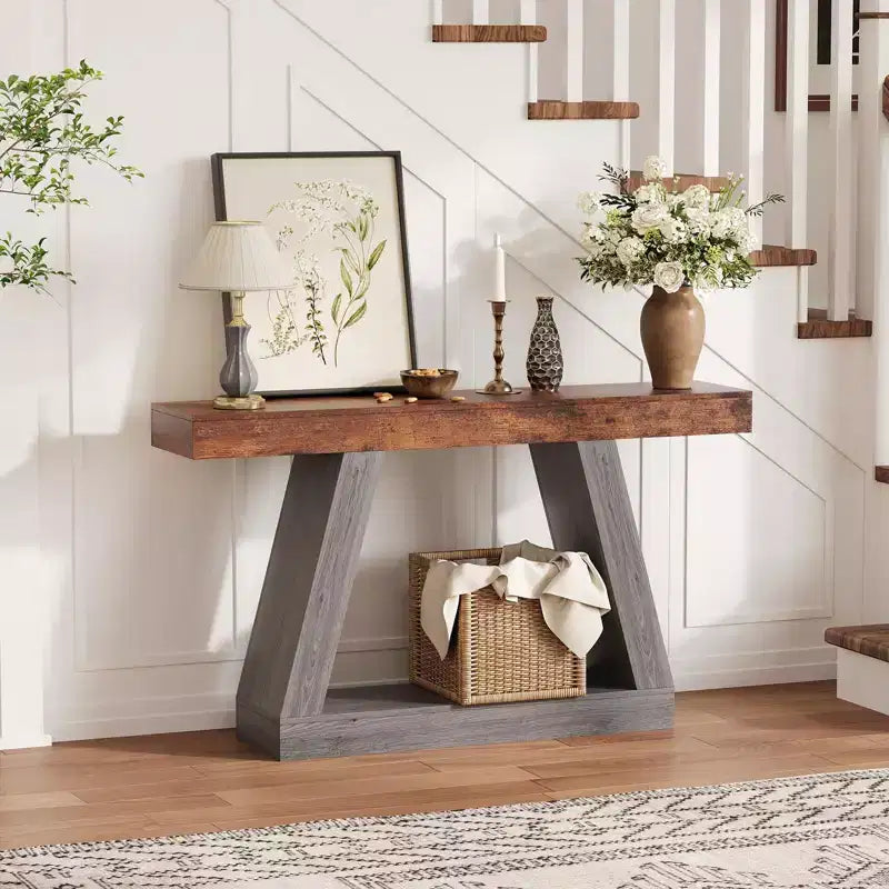 Tavolino da Divano a 2 Livelli con Ripiani Aperti, Tavolino Console Stretto in Stile Rustico da 140 cm, Tavolino Industriale in Legno per Ingresso, Tavolino Dietro il Divano