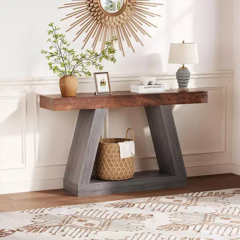 Tavolino da Divano a 2 Livelli con Ripiani Aperti, Tavolino Console Stretto in Stile Rustico da 140 cm, Tavolino Industriale in Legno per Ingresso, Tavolino Dietro il Divano