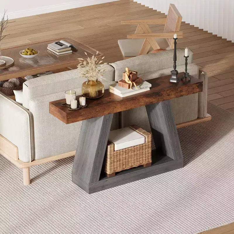 Tavolino da Divano a 2 Livelli con Ripiani Aperti, Tavolino Console Stretto in Stile Rustico da 140 cm, Tavolino Industriale in Legno per Ingresso, Tavolino Dietro il Divano