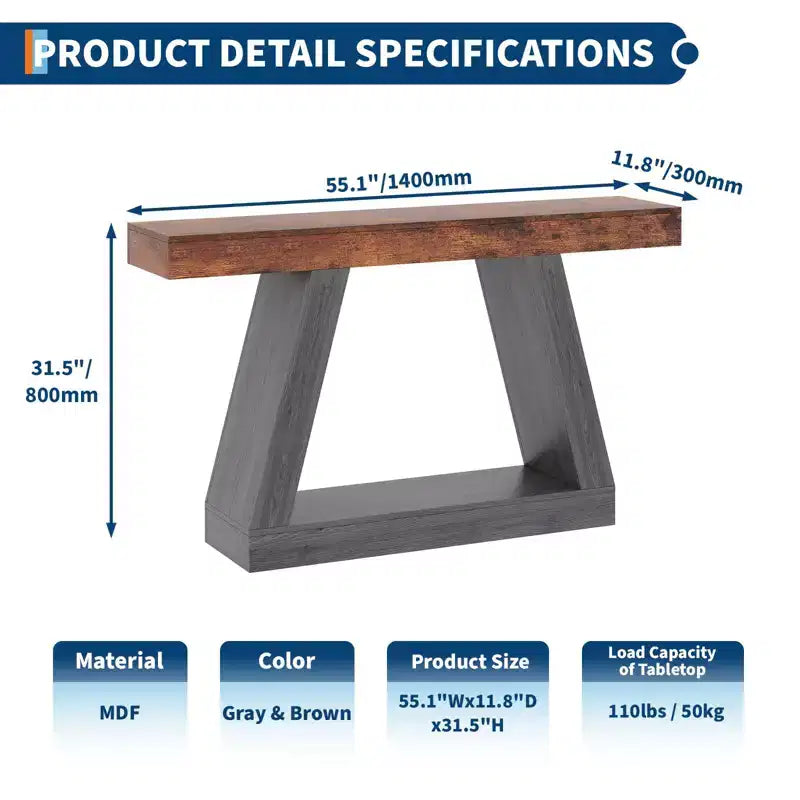 Tavolino da Divano a 2 Livelli con Ripiani Aperti, Tavolino Console Stretto in Stile Rustico da 140 cm, Tavolino Industriale in Legno per Ingresso, Tavolino Dietro il Divano