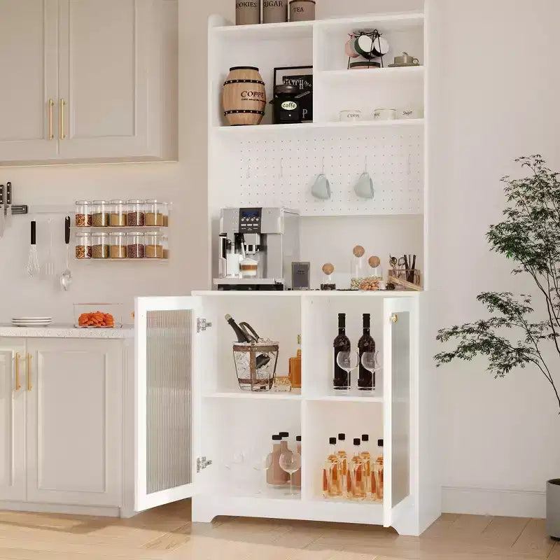 Dispensa alta 71" con 2 ante in vetro e ripiani regolabili, mobile contenitore moderno in stile rustico per cucina, sala da pranzo e soggiorno