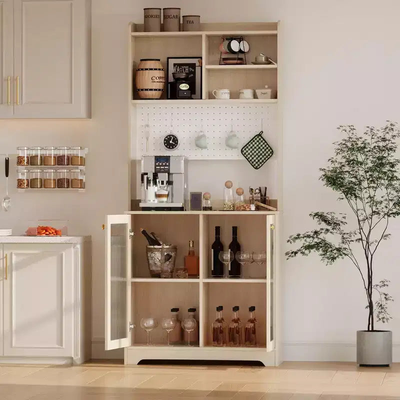 Dispensa alta 71" con 2 ante in vetro e ripiani regolabili, mobile contenitore moderno in stile rustico per cucina, sala da pranzo e soggiorno